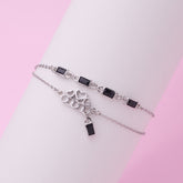 Silver Double Layered Bracelet With Black Baguette And Heart charms
