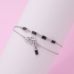 Silver Double Layered Bracelet With Black Baguette And Heart charms