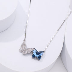 pure 925 Butterfly-shaped with blue crystal and silver design pendant necklace