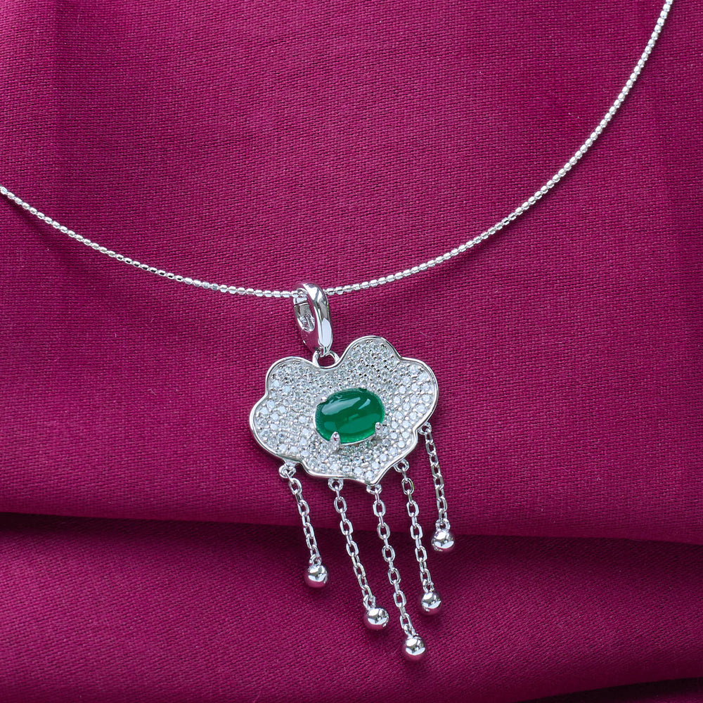 Pure 925 silver necklace with cloud shaped pendant and green stone with omega chain