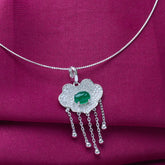 Pure 925 silver necklace with cloud shaped pendant and green stone with omega chain