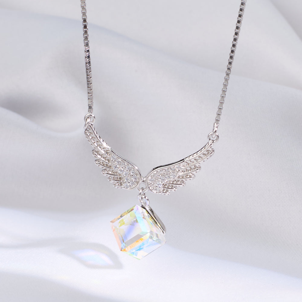 925 Silver necklace with angel wing design and crystal pendant on a white background