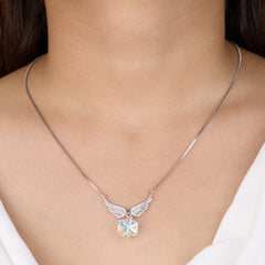 925 silver Necklace with angel wing pendant on a person wearing a white top