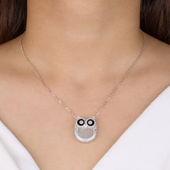 Silver Wise Owl Necklace pendant with Mother of Pearl and CZ