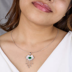 Pure 925 silver necklace with cloud shaped pendant and green stone with omega chain