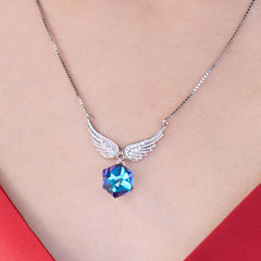 Silver Angel wings Deep Purple Crystal Pendant Necklace