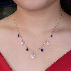Silver Cascading Blue Marquise Drop Necklace