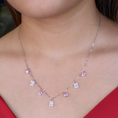 925 silver Necklace with square-shaped gemstones worn by a person against a blurred background