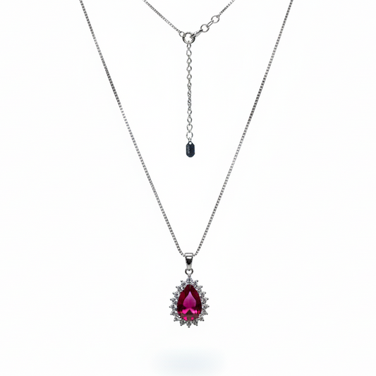 Silver Crimson Red Tear drop Victorian Chain pendant