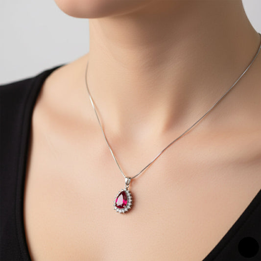Silver Crimson Red Tear drop Victorian Chain pendant