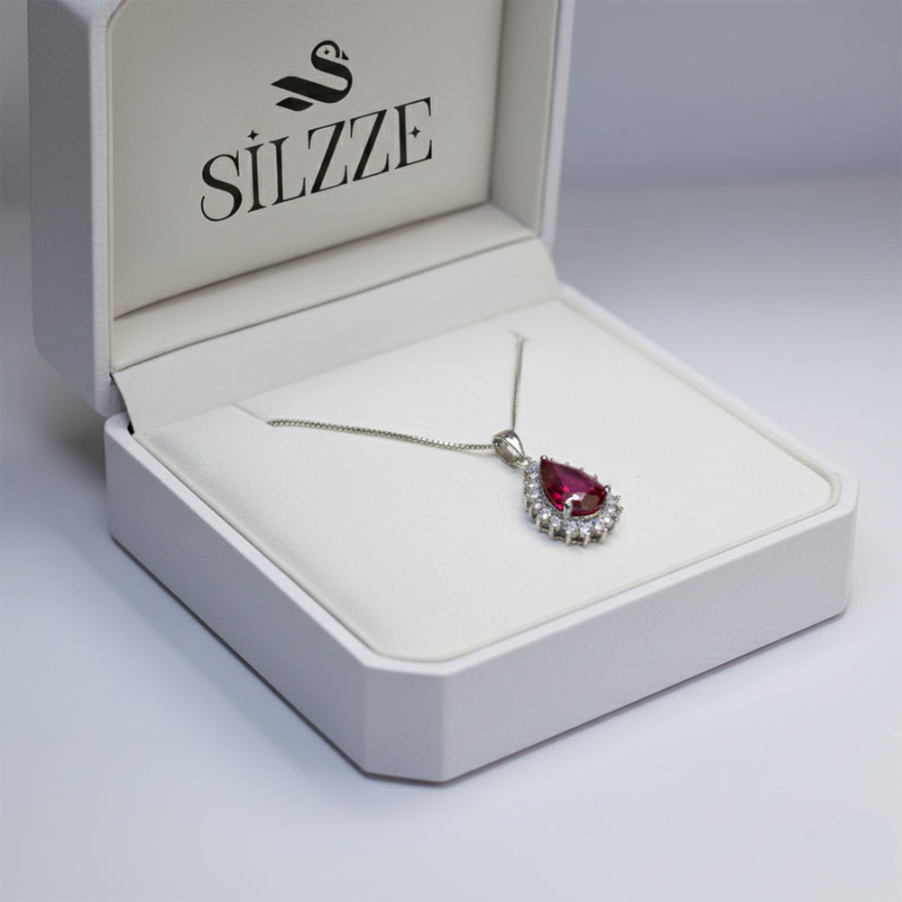 Silver Crimson Red Tear drop Victorian Chain pendant