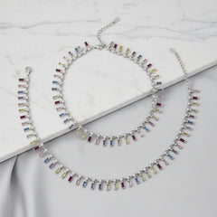 925 Silver Rainbow radiance Multi-Colored Baguette Anklet Set for her