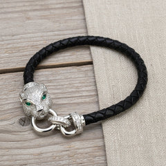 Silver Majestic Jaguar leather bracelet For mens