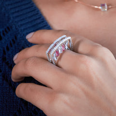 Silver Daisy Pink Double Band Ring For Her