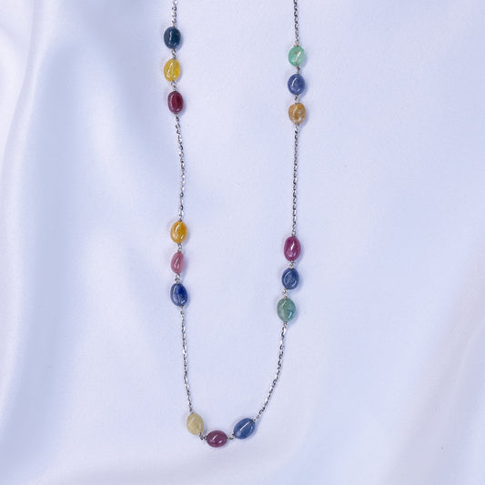 Silver Trio Multicolor Gemstone long chain necklace