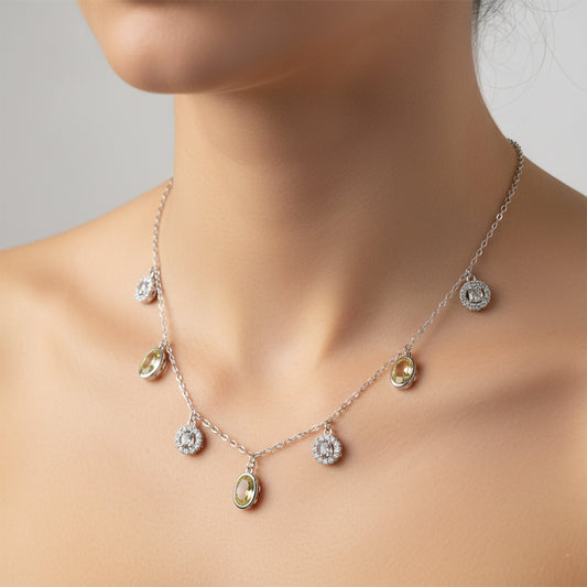Silver Sparkling Citrine and Halo Drop Necklace