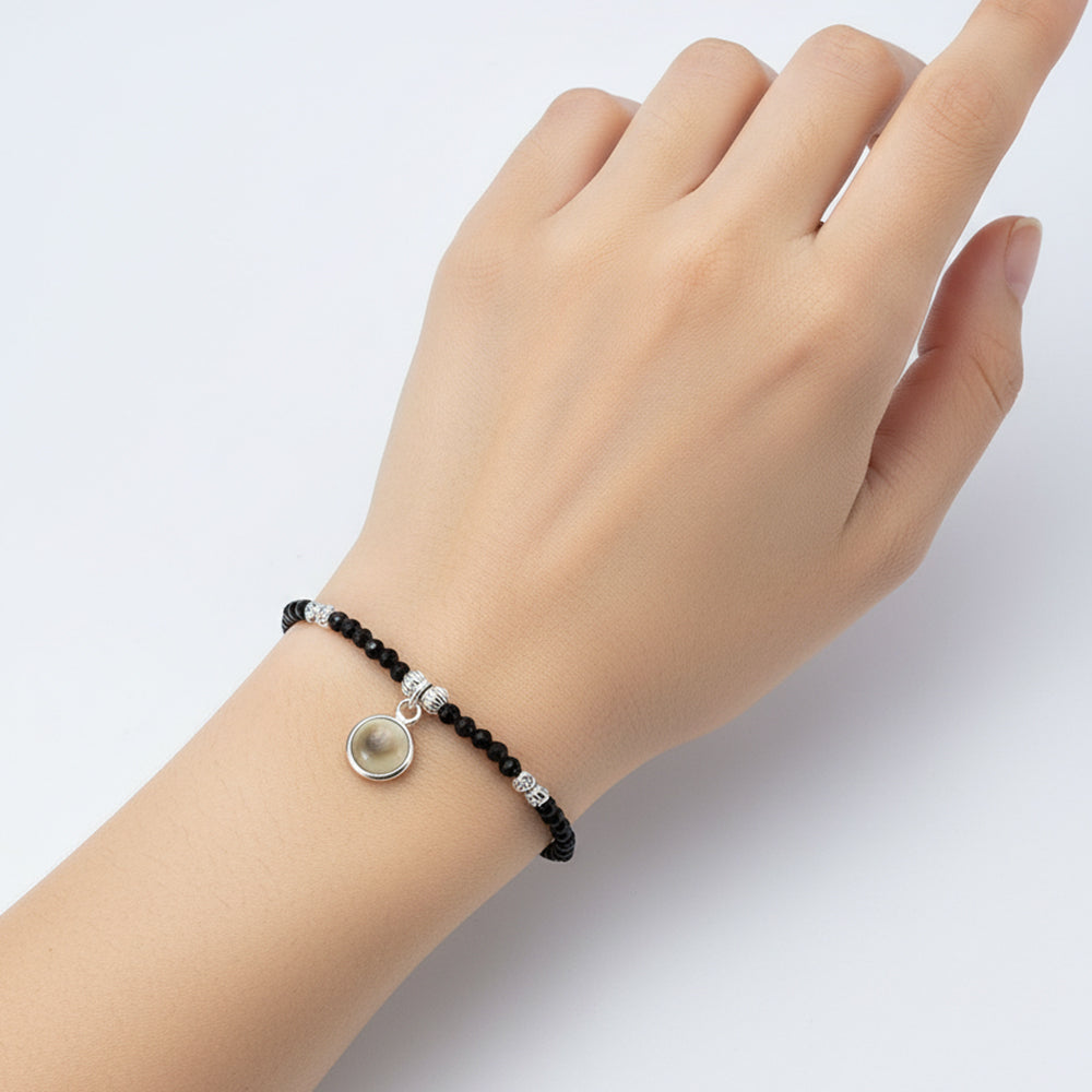 Silver Sleek Charm Black Beads Bracelet