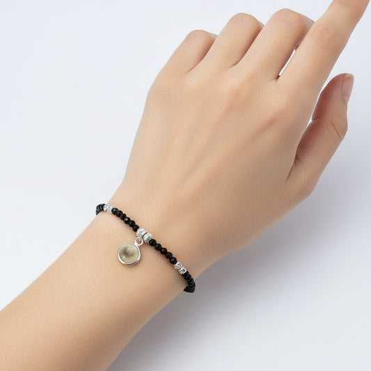 Silver Sleek Charm Black Beads Bracelet