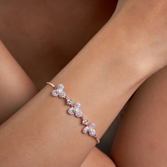 Silver Rose gold stylish Pearl Floral Chain Bracelet for her