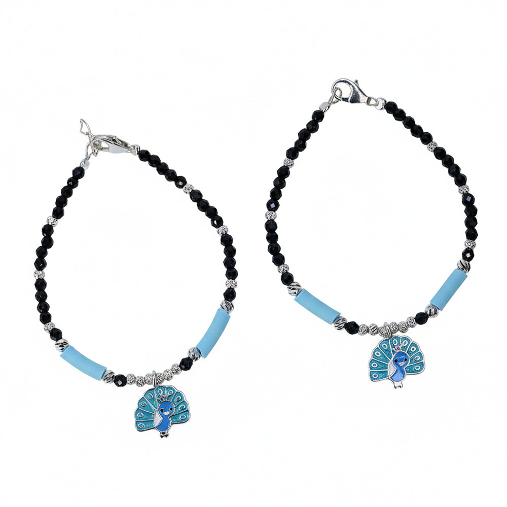 Silver Peacock Charm Black Beaded Baby Bracelet
