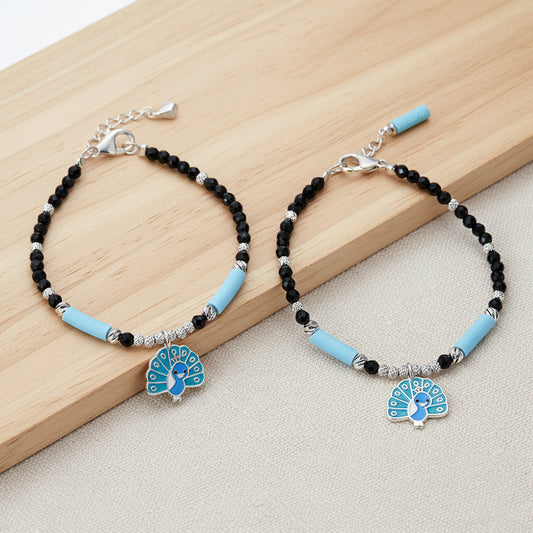 Silver Peacock Charm Black Beaded Baby Bracelet