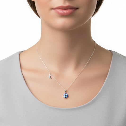 Silver Charm Evil Eye Pendant with Moon
