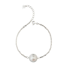 Sterling Silver Radiant Halo Pearl Double-Chain Bracelet