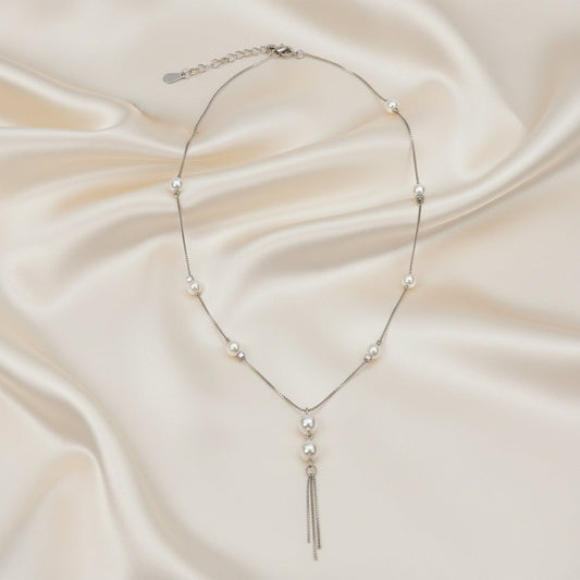 Silver Elegant Pearl Drop Lariat Chain For Her