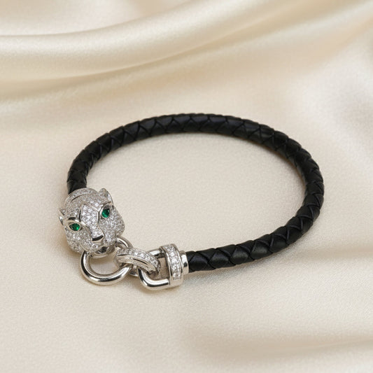 Silver Luxury Leather Panther Bracelet For Her