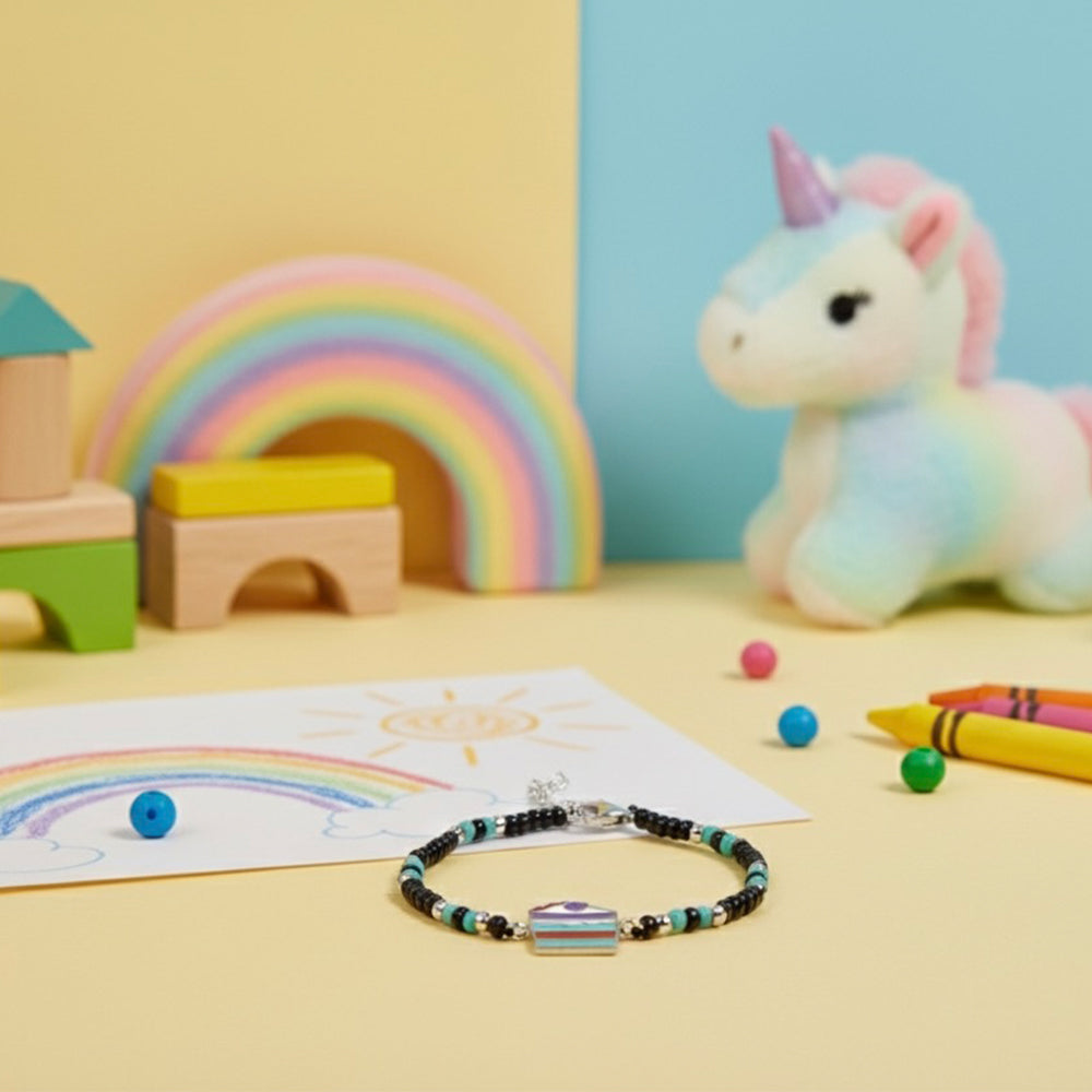 Silver Birthday Cake design Baby Bracelet with black beads (0-18 Months)