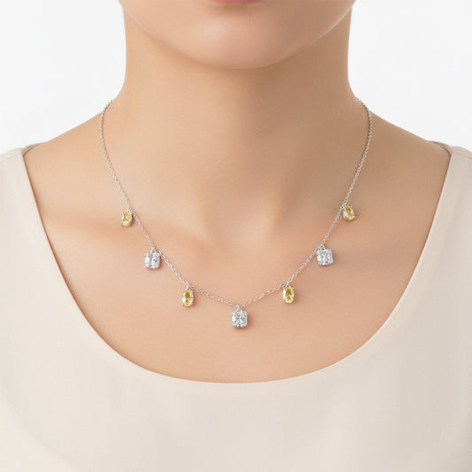 Silver Yellow and white CZ stones in Emerald cut Necklace