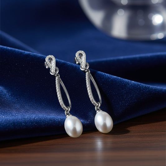 Silver Knot Pearl drop hanging Earrings