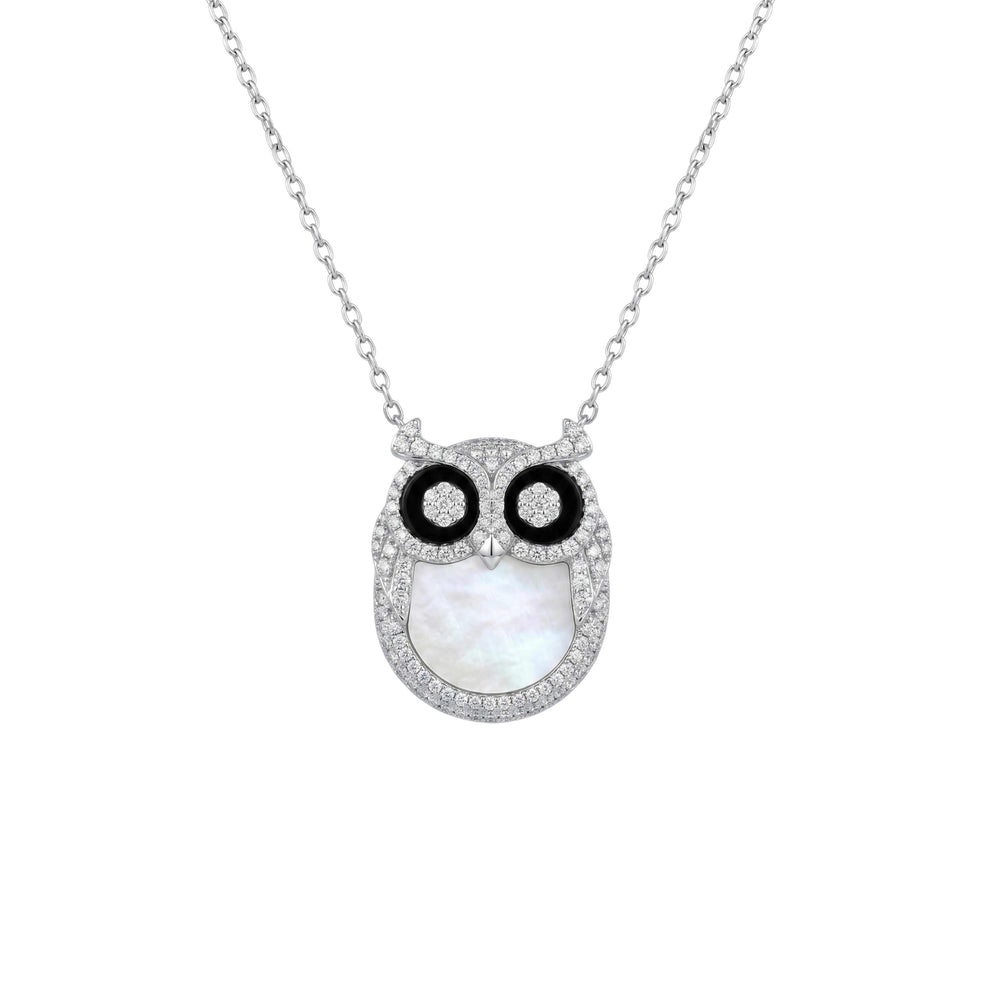 Owl-shaped necklace with black and white details on a white background for women