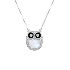 Owl-shaped necklace with black and white details on a white background for women