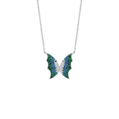Butterfly-shaped necklace with green and blue gemstones 925 silver pendant for women