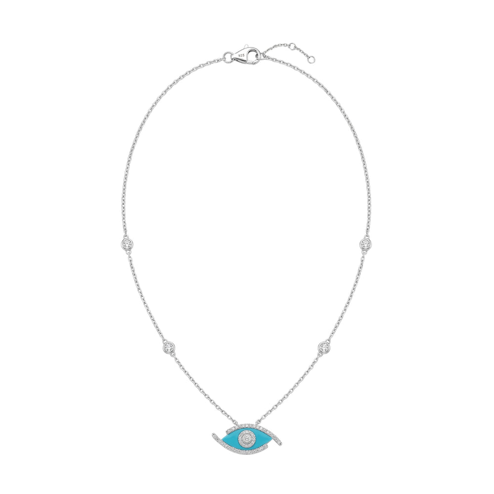 Necklace with a blue turquoise eye pendant on a white background