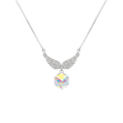 Silver Angel wings Sparkling Rainbow Crystal Pendant Necklace