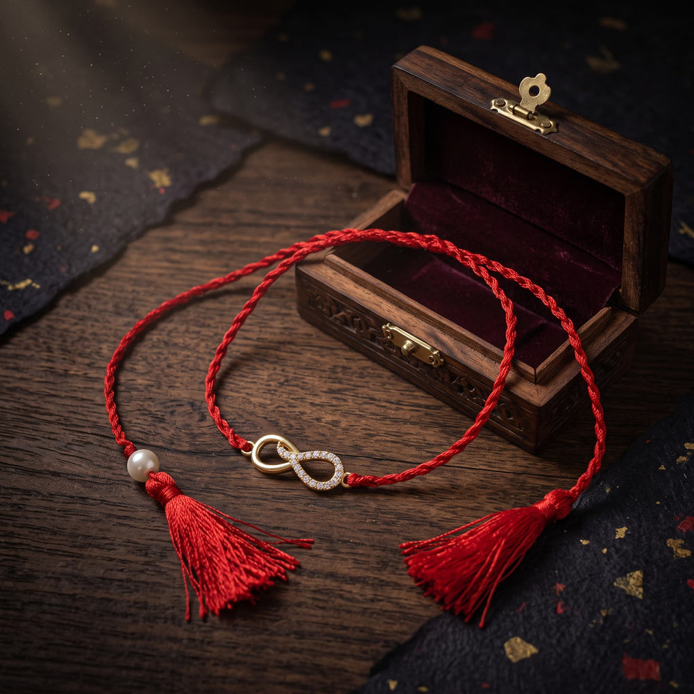 A red braided cord bracelet with a gold infinity symbol, a small white pearl bead, and red tassels, displayed next to an open wooden jewelry box on a dark wooden surface.