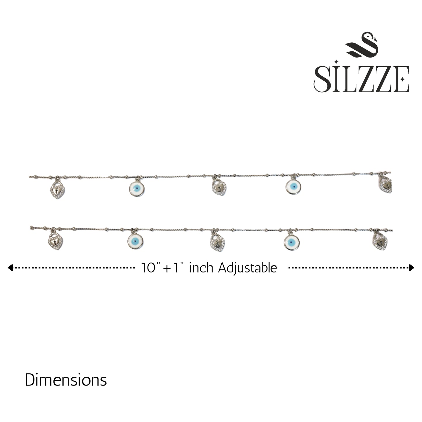 925 Silver Heart Padlock and Evil Eye Charm Anklet