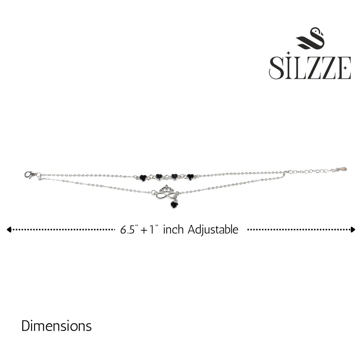 Silver Double Layered Black Heart Charm Bracelet with Crown Infinity