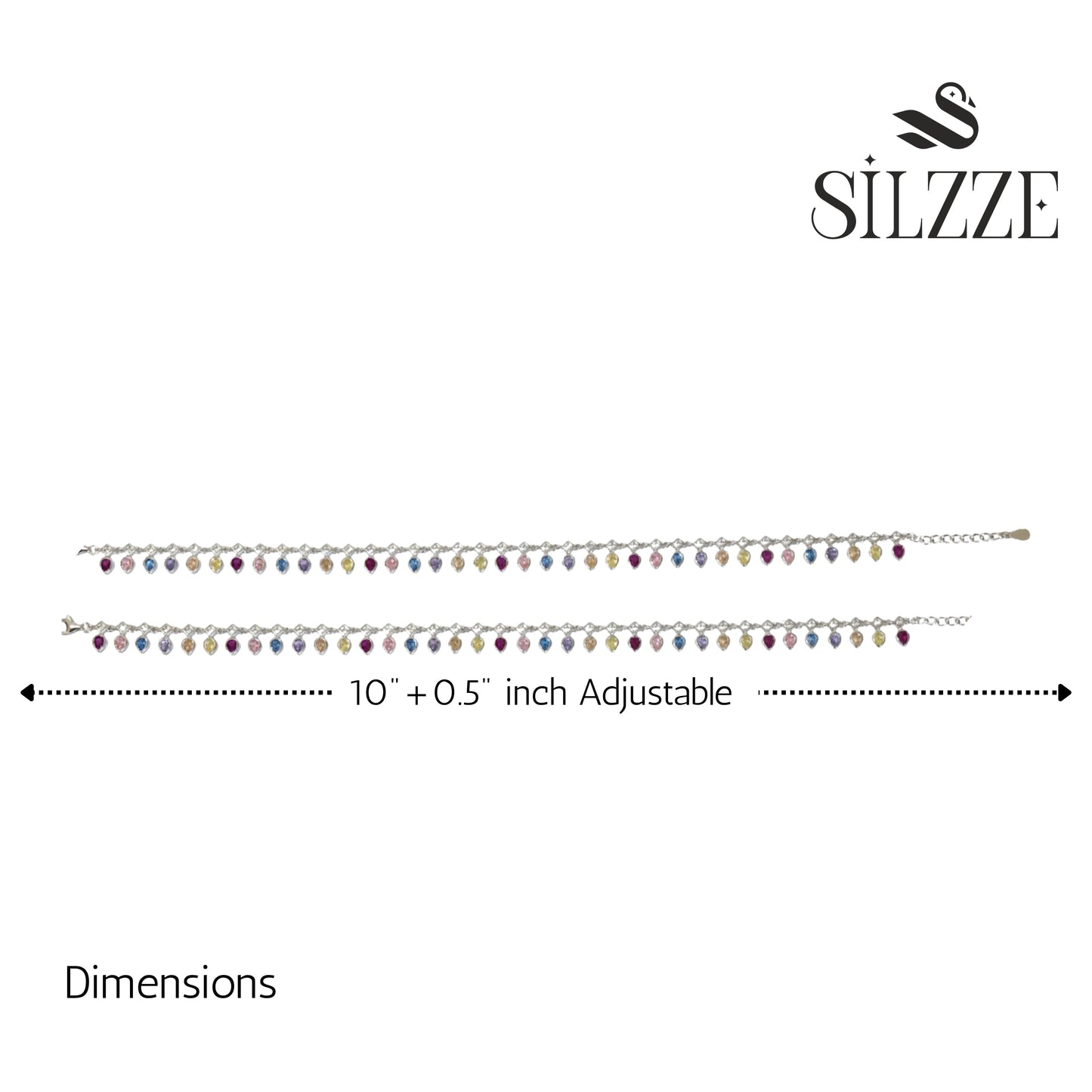 Silver Vibrant Rainbow multicolored Teardrop Anklet