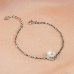 Sterling Silver Radiant Halo Pearl Double-Chain Bracelet