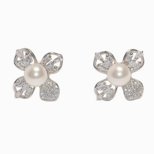 Silver Pearl with Floral Design Earrings