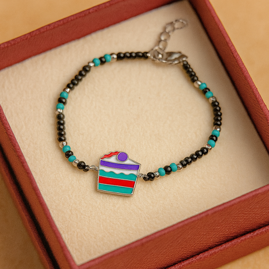 Silver Birthday Cake design Baby Bracelet with black beads (0-18 Months)