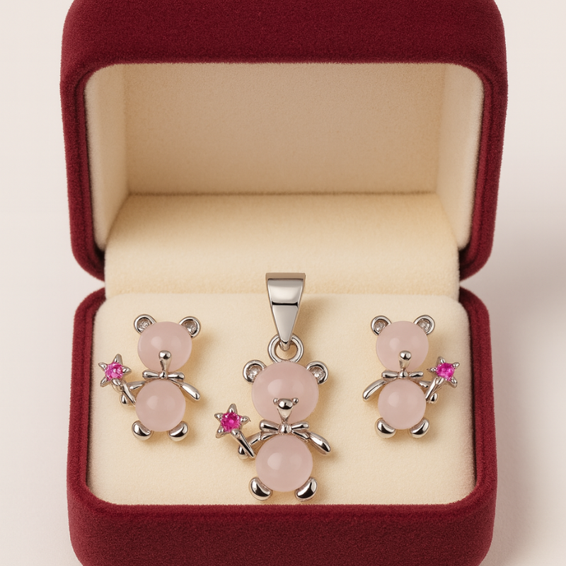 Silver Sweet Teddy Bear Pendant Set for Her