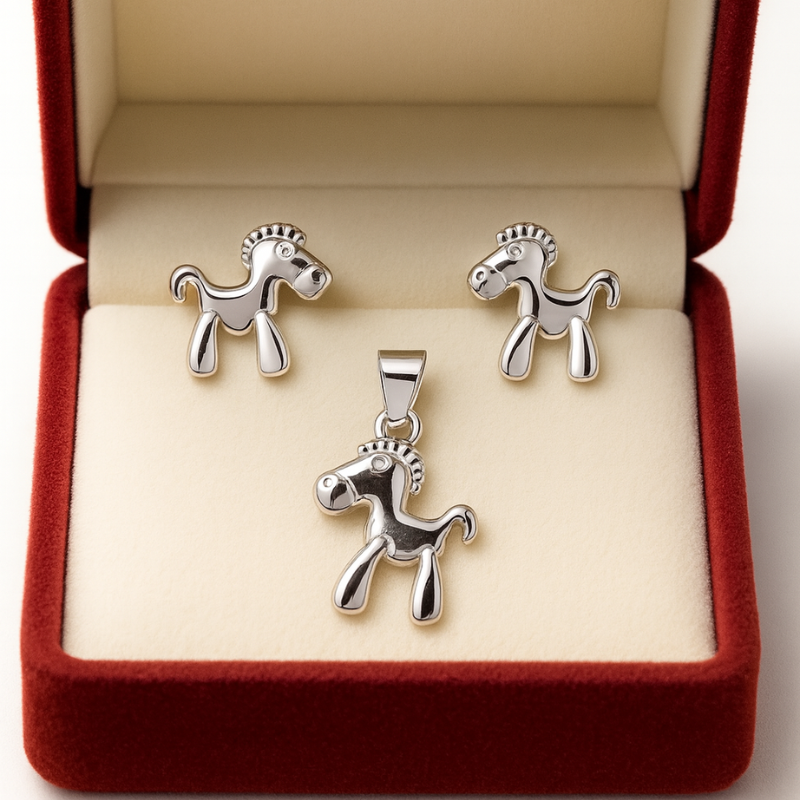 Silver Cute Baby Unicorn Style Pendant Set