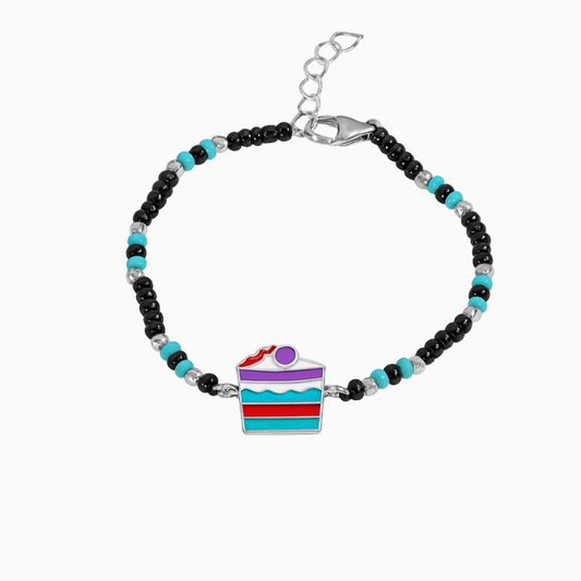 Silver Birthday Cake design Baby Bracelet with black beads (0-18 Months)