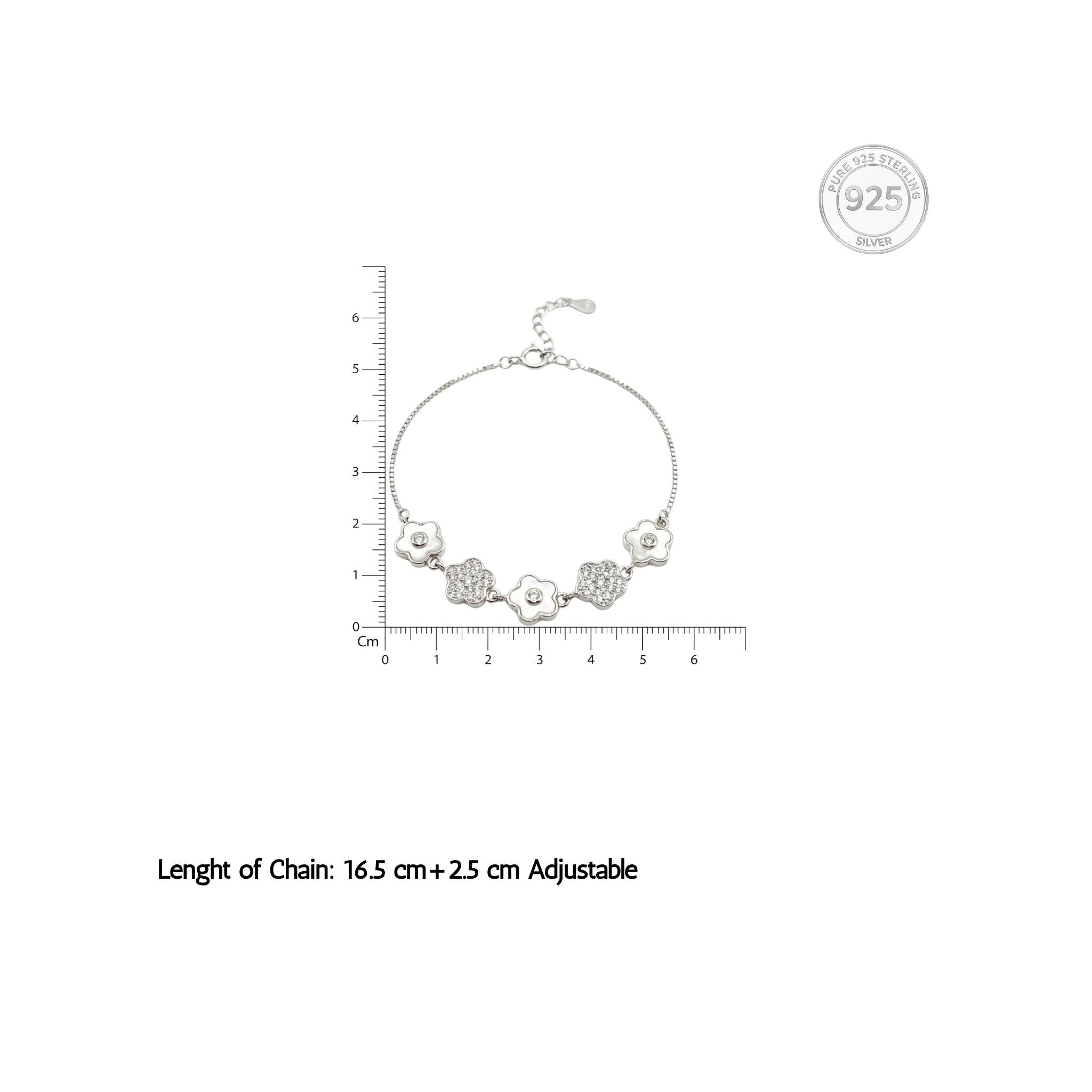 Silver Cute Flower Design Chain Bracelet With MOP & CZ Diamonds