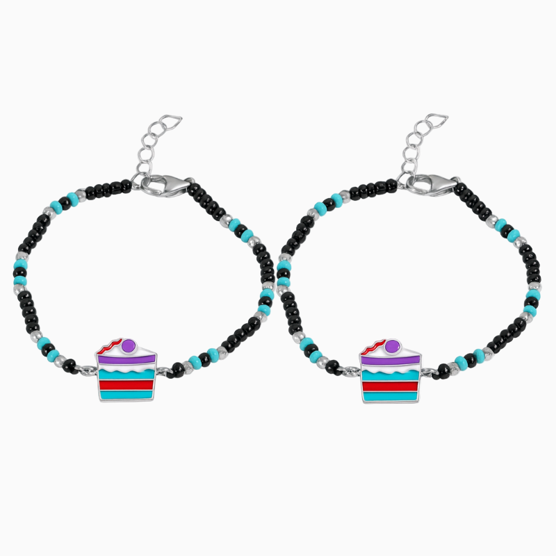 Silver Birthday Cake design Baby Bracelet with black beads (0-18 Months)