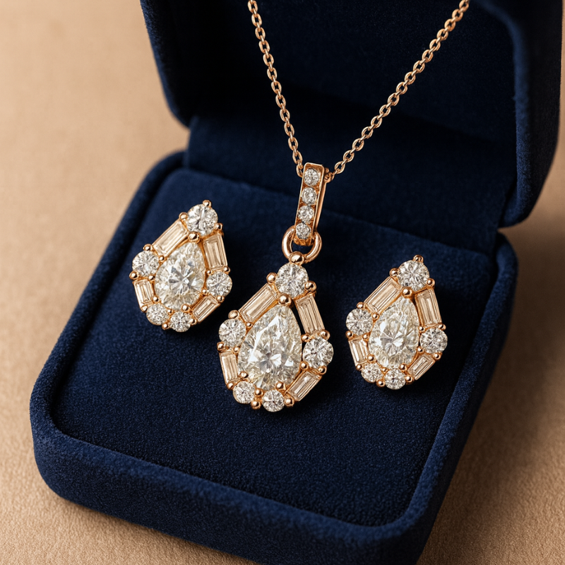 Rose Gold Pear Shaped Zirconia Pendant Set